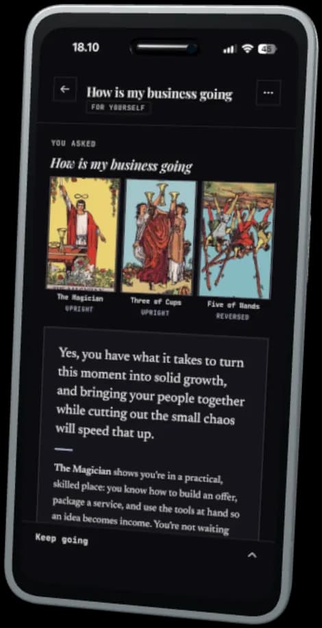 A finished tarot reading in the Celestial Vibe app, showing three drawn cards and their interpretation